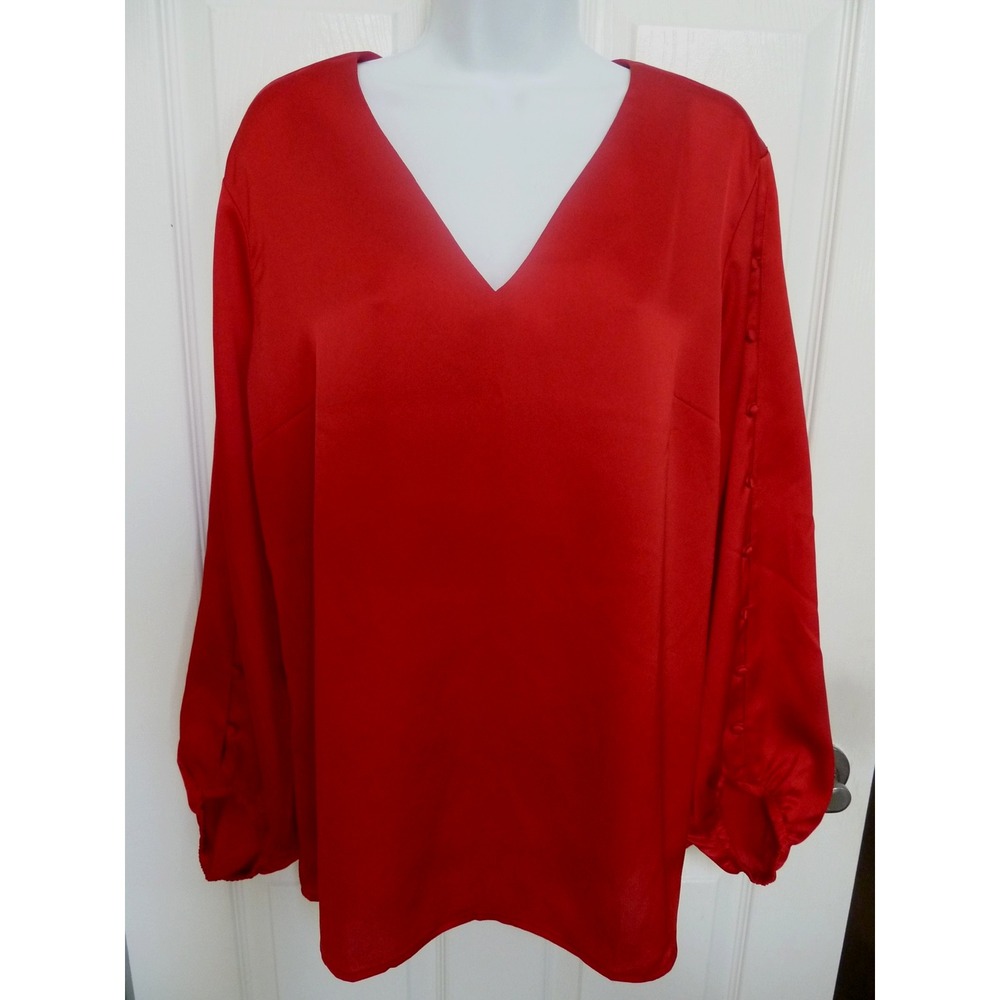 Banana Republic Red Satin Blouse L V-Neck Holiday Balloon Sleeve Button Accent